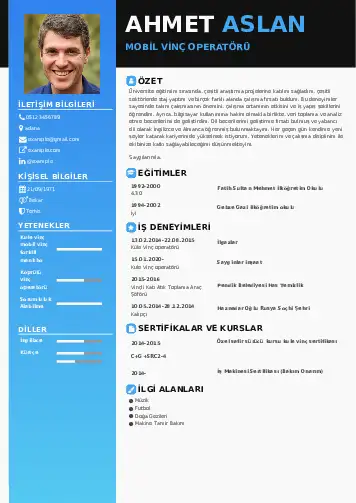 Vinç Operatörü Cv Örnekleri cv indir